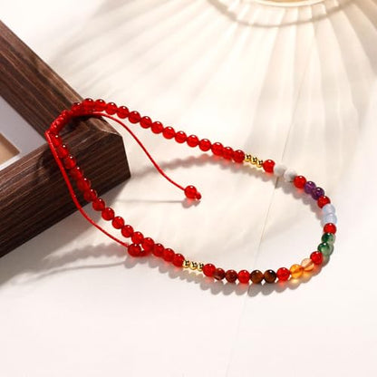 Colorful 7 Chakra Gemstones Beaded Anklet for Women Foot Jewelry | Adjustable 8.5-10 in, Ankle Bracelets for Women, Handmade, Positive Energy, Balance, Yoga, Meditation, Beach, Party, Vacation - style: Red Agate