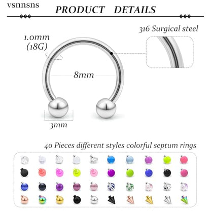 14G 16G 18G Septum Rings Piercing Jewelry 316L Stainless Surgical Steel Horseshoe Septum Nose Rings Snake Bite Lip Ring Daith Rook Earrings Smiley Piercing Jewelry for Women Men 8MM 10MM 12MM - color: 18G-8MM Mix Color