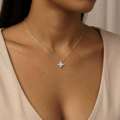 Gold Silver Pendant Necklace for Women, Dainty CZ Jewelry Gift | 14K Gold Silver Plated, Cubic Zirconia Pearl Charm, Trendy Layered Necklace, Adjustable Chain, Waterproof, Hypoallergenic - color: Silver-Clover