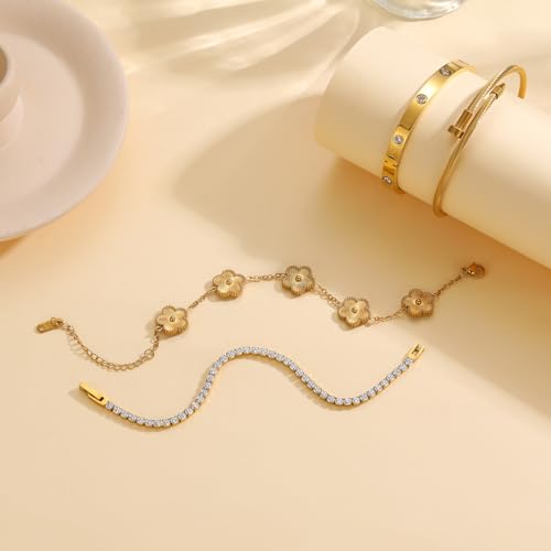 18 K Gold Plated Love Bangle Bracelet Stack for Women,Set of 4 Floral Clover Chain, Tennis Crystal &Gold Stackable Bangle Bracelet -Adjustable Layered Jewelry Gift for Wife Valentines Mother's Day-MVCOLEDY - color: Gold