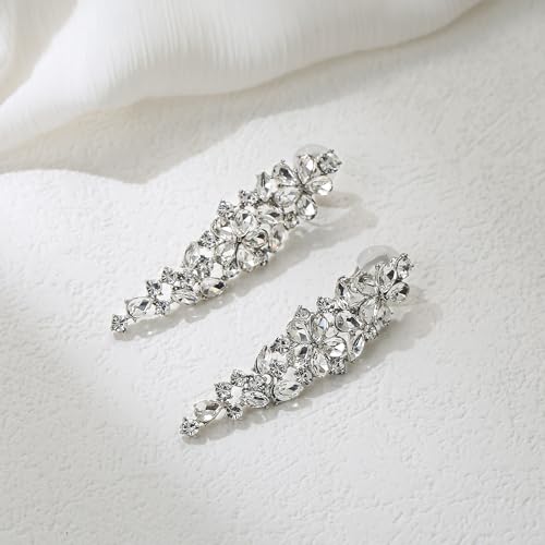EleQueen Women's Sparkle Statement Clip-On Chandelier Earrings | Marquise Crystals Earrings for Women, Art Deco Prom Jewelry for Wedding Bride Bridesmaid - color: White Silver-Tone