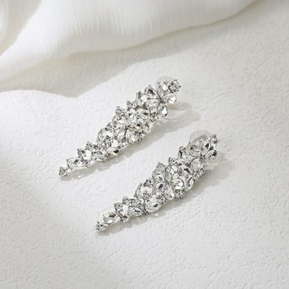 EleQueen Women's Sparkle Statement Clip-On Chandelier Earrings | Marquise Crystals Earrings for Women, Art Deco Prom Jewelry for Wedding Bride Bridesmaid - color: White Silver-Tone