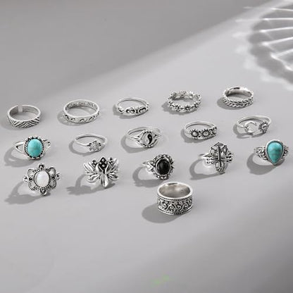 Airvess Vintage Knuckle Rings Set, Chunky Turquoise Stackable Rings, Silver Joint Finger Stacking Rings, Bohemian Western Jewelry for Women - style: 16 Pcs