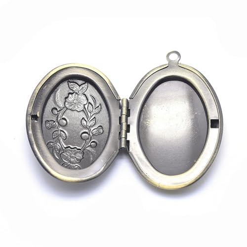 KitBeads 10Pcs Flower Locket Pendants Antique Bronze Oval Round Memorial Brass Photo Frame Charms for Necklaces Keychains Jewelry Making Crafts