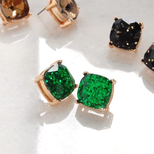 Large Square Stud Earrings for Women - Big Sparkly Rhinestone Studs | Plated in Gold Tone or Silver Tone, Hypoallergenic and Safe for Sensitive Ears - color: Green Glitter