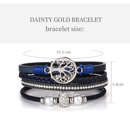 hotoo Leather Wrap Bracelets for Women Tree of Life Cuff Bracelets Pearl Rhinestone Bead Multi-Layer Bracelets Bohemian Jewelry Gift for Women - color: Blue