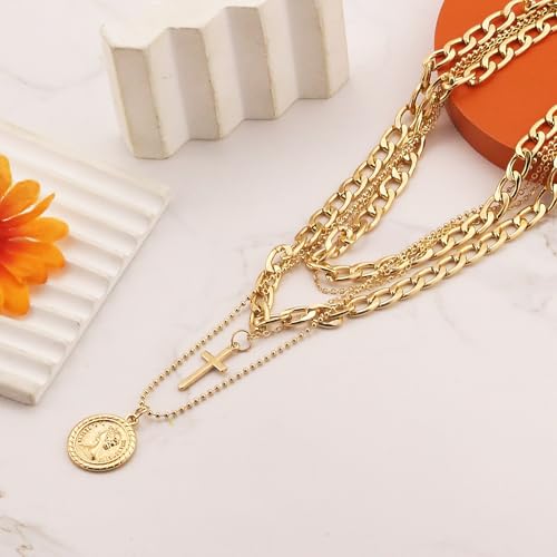 Todenb Layered Gold Pirate Necklace for Women Chunky Chain Pirate Jewelry 80s 90s Coin Pendant Necklace Pirate Costume Accessories - color: Cross g