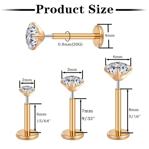 Gotumo 20G Flat Back Earrings Stud G23 Titanium Threadless Tragus Labret Cartilage Lip Medusa Conch Body Piercing Jewelry Hypoallergenic for Women Men - color: Rose Gold 20G Bar-6/7/8mm&CZ-2/3/4mm