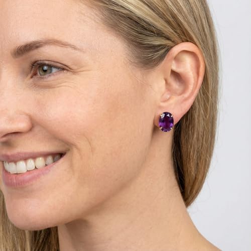 Amethyst Earrings, Natural Gemstone Oval Faceted Purple Stud Earrings, Gold Plated Birthstone Crystal Earrings for Women
