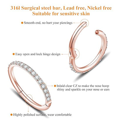 MissNity 20G, 18G, 16G, 14G Hinged Nose Rings Hoop with Gem in 316L Surgical Steel, Septum Clicker Cartilage Earrings Conch Daith Helix Rook Ear Lobe Piercing Jewelry, Diameter 6mm to 12mm - color: 03: Rose gold - Clear CZ