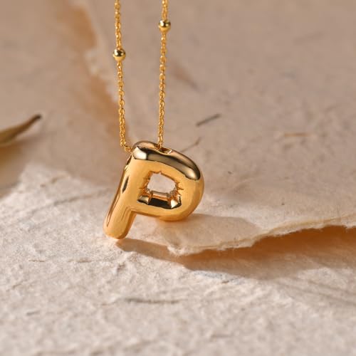 LUCA SMITH 2-Piece Initial Necklaces for Women, Dainty Balloon Bubble A-Z Letter Necklace Set, Name Letter Alphabet Pendant Layered Choker Necklaces Personalized Jewelry Gift - color: Gold bubble letter necklace, style: Initial Set-P