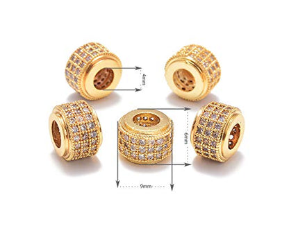 AD Beads Zircon Pave Rhinestones Big Hole Rondelle Spacer Beads 6x7mm 5Pcs Clear on Gold - color: 5 Pcs Clear on Gold 3 Row Rondelle (6x7mm)