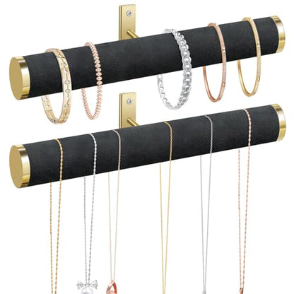 Velvet Necklace Holder Wall Jewelry Organizer, 12" Hanging Necklace Organizer, 2 Pack Wall Mounted Necklace Hanger for Bracelets Bangles Display,Black - color: Black