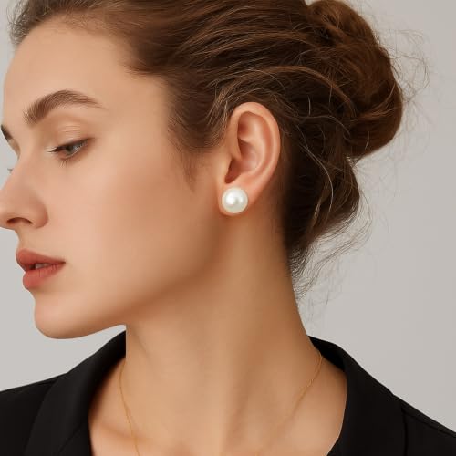 Simulated Pearl Stud Earrings for Women | S925 Sterling Silver Posts, Hypoallergenic Lightweight Classic Elegant Pearl Jewelry Gift, 8/10/12/14mm - color: White, size: 14mm