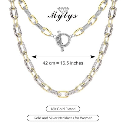 Mytys Women's Link Necklace 18k Gold Plated Double Twist Wire Gold and Silver 2 Tone Chain Necklaces Christmas New Year Jewelry - color: Short Gold & Silver 7