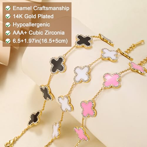Qitian Clover Bracelet for Women 18K Gold Four Leaf Pink Lucky Link Clover Bracelets, Trendy Bracelets Set Jewelry Gifts for Women - color: A-Pink