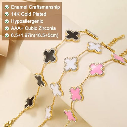 Qitian Clover Bracelet for Women 18K Gold Four Leaf Pink Lucky Link Clover Bracelets, Trendy Bracelets Set Jewelry Gifts for Women - color: B-White