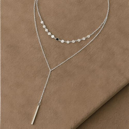 14K Gold Plated Y Necklace for Women – Dainty Lariat Long Pendant Chain, Layered Drop Necklace for V Neck Dress, Simple Sexy Cleavage Jewelry Gifts for Women - color: Silver - Double layered - Sugar cube