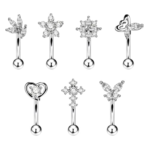 OIDEA 7PCS Eyebrow Piercing Jewelry: 16G Stainless Curved Barbell Eyebrow Ring Vertical Labret Lip Ring Piercing Jewelry - color: silver-1
