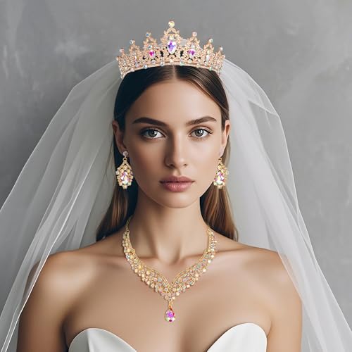 Crowns and Tiaras jewelry sets for Wedding princess birthday party Halloween Prom Pageant Jewelry for Women Crystal Bridal Jewelry Set for women - color: Gold AB