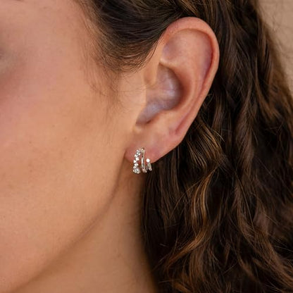 Gold Earrings for Women, Dainty Triple Huggie Earrings 14K Gold Plated Small Hoop Earrings for Women Trendy Cute Hypoallergenic Stud Earrings Unique Double Hoops Waterproof Womens Jewelry Gifts - color: silver plated-E