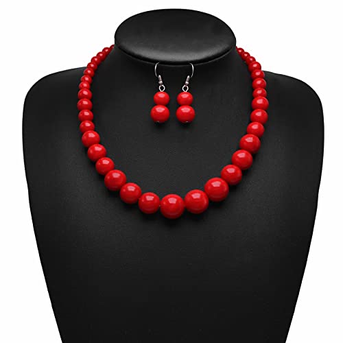 Cryshimmer Pearl Choker Necklace for Women Faux Pearl Beads Strand Necklace Earring Set Costume Jewelry,Gift for Wife Mother - color: Red-1