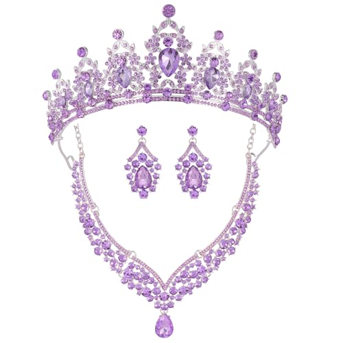 Kamirola Bridal Wedding Tiara Crown Jewelry Set for Women/Brides/Bridesmaids Crystal Jewelry Set for Wedding Prom Party Bridal Crystal Necklace Earrings Bracelet Set(TR60) - color: All Purple