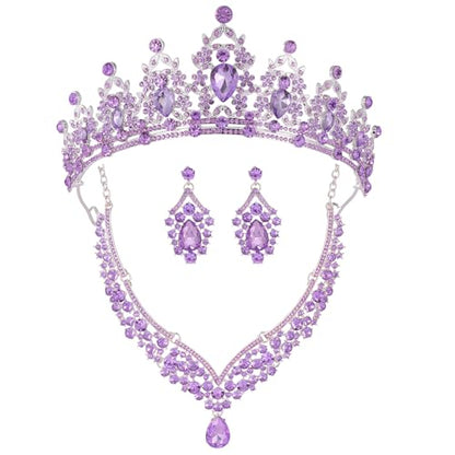 Kamirola Bridal Wedding Tiara Crown Jewelry Set for Women/Brides/Bridesmaids Crystal Jewelry Set for Wedding Prom Party Bridal Crystal Necklace Earrings Bracelet Set(TR60) - color: All Purple