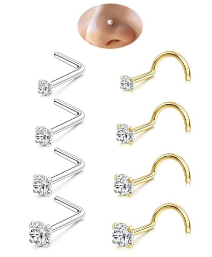8PCS 18G 20G 22G Nose Studs, Hypoallergenic L Shaped Nose Rings Set | Gold/silver styles, 316L Surgical Stainless Steel, CZ sizes 1.5-3mm, secure fit for sensitive skin and daily wear - color: 20G Silver L-Shaped/Gold Corkscrew