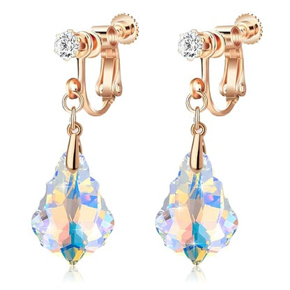 Austrian Crystal Baroque Drop Clip On Dangle Earrings for Women Non Pierced 14K Rose Gold Plated Hypoallergenic Jewelry - color: Aurora Borealis