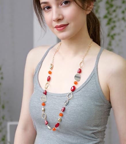Long Gold Boho Necklaces for Women Beaded Statement Chain Long Necklace Gold Costume Jewelry Birthday Gifts for Her - color: 93-Dark Red