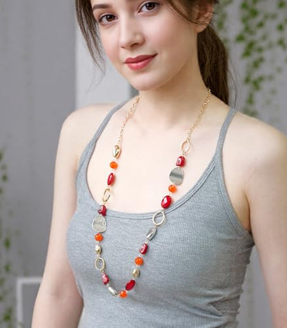 Long Gold Boho Necklaces for Women Beaded Statement Chain Long Necklace Gold Costume Jewelry Birthday Gifts for Her - color: 93-Dark Red