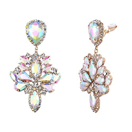 Clip-On Earrings Wedding Stunning Crystal Rhinestone Marquise Teardrop Cluster Dangle Earring for Women Party Prom Accessory - color: Iridescent AB Gold-Tone