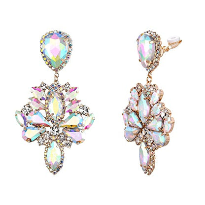 Clip-On Earrings Wedding Stunning Crystal Rhinestone Marquise Teardrop Cluster Dangle Earring for Women Party Prom Accessory - color: Iridescent AB Gold-Tone