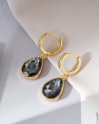 Crystals Teardrop Dangle Drop Earrings, 18K Gold Plated Hoop Earrings Zirconia Jewelry for Women Gifts - color: Grey