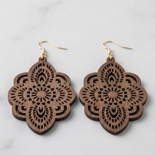 Boho Black Filigree Dangle Earrings for Women, Lightweight Hollow Lace Drop, Wood, 3.34" x 1.69", Bohemian Jewelry - color: Brown