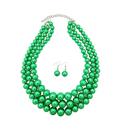 Simulated Pearl Necklace & Earring Set, Multi Strand - color: Green