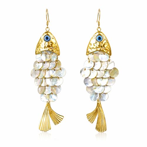 Boho Articulated Fish Drop Earrings for Women - Gold Tone Shimmering Resin Scale Dangle Earrings with Blue Evil Eye Charm, Lightweight Faux Shell Ocean Animal Jewelry Gift for Her Mom Wife