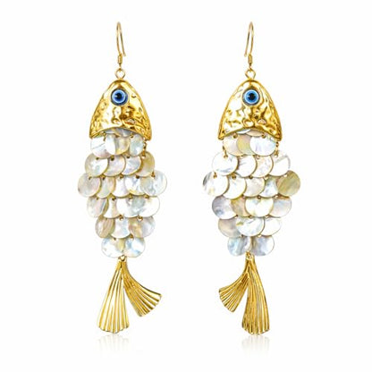 Boho Articulated Fish Drop Earrings for Women - Gold Tone Shimmering Resin Scale Dangle Earrings with Blue Evil Eye Charm, Lightweight Faux Shell Ocean Animal Jewelry Gift for Her Mom Wife
