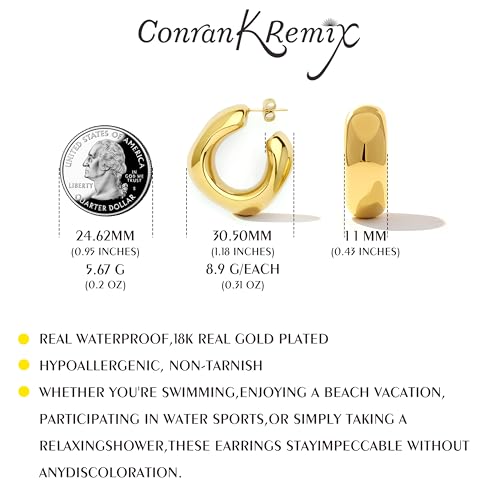 Waterproof Thick Gold Chunky Hoops Earrings for Women Non Tarnish,Gold Plated Hypoallergenic Open Hoop Earrings,Lightweight Hollow Earrings - color: Gold