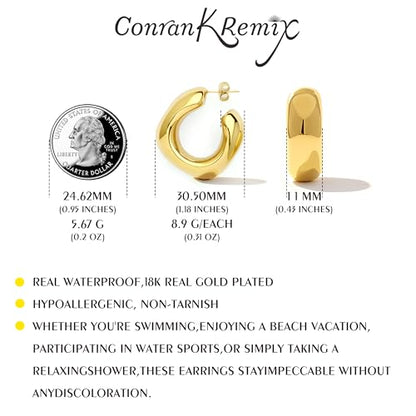 Waterproof Thick Gold Chunky Hoops Earrings for Women Non Tarnish,Gold Plated Hypoallergenic Open Hoop Earrings,Lightweight Hollow Earrings - color: Gold
