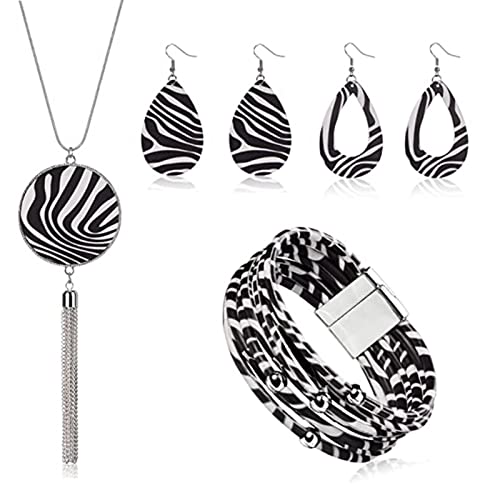 4 Pieces Faux Leather Earrings Necklace Bracelet Set 4 Pieces Christmas Plaid Stripe Jewelry Set Multi-Layer Leather Bracelet, Dangle Leather Earrings Necklace Glitter Jewelry Set for Women - color: black and white 2