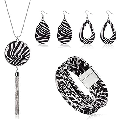 4 Pieces Faux Leather Earrings Necklace Bracelet Set 4 Pieces Christmas Plaid Stripe Jewelry Set Multi-Layer Leather Bracelet, Dangle Leather Earrings Necklace Glitter Jewelry Set for Women - color: black and white 2