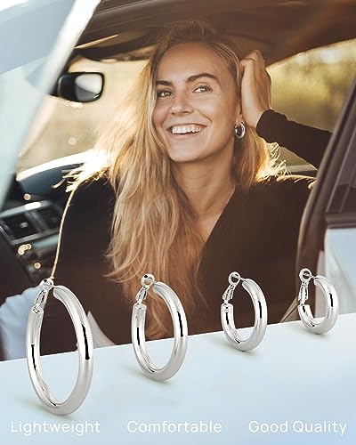wowshow Gold Hoop Earrings for Women Chunky Hoops 14K Gold Plated Thick Hollow Tube Lightweight Earrings for Mother Birthday Gifts 20/25/30/40/50MM - color: Silver-30MM