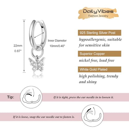 DAILY VIBES Cute Butterfly Star Cross Heart CZ Dangle Earrings for Women | 925 Sterling Silver Post, 14K Gold or Silver Plated, Mini Cubic Zirconia Dainty Drop, Cartilage Small Huggie Hoop Earrings - color: Silver Butterfly CZ