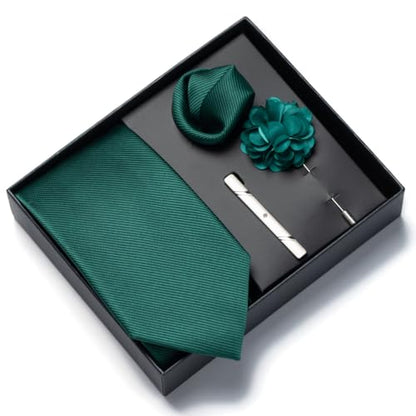 joy alice 30 Colors Solid Ties for Man Pure Color Men's Tie Set with Lapel Pin Pocket Square Tie Clip - color: Emerald Green