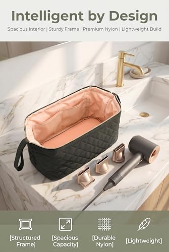 TeeYee Nylon Hair Tools Travel Bag for Dyson Airwrap Quilted Toiletry Bag | Travel Storage Bag for Shark Flexstyle/Curling Iron,Water-repellent,Wide-open,Well-structured,Heat-safe lining,001black - color: Black