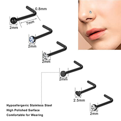 ONESING 9-40 Pcs Nose Rings - Hoops, Studs & L Shape - Hypoallergenic Stainless Steel Nose Piercings for Women & Men - color: Black