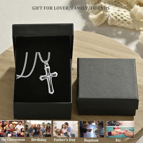 MOOSKI Cross Necklace for Men Stainless Steel Christ Jesus Jewelry 24"Chain | Religious christ Pendant ,Adjustable Rolo Chain,Gold Silver/Black Christian Jewelry Gift Women Men - color: Silver&Black