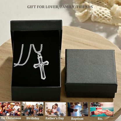 MOOSKI Cross Necklace for Men Stainless Steel Christ Jesus Jewelry 24"Chain | Religious christ Pendant ,Adjustable Rolo Chain,Gold Silver/Black Christian Jewelry Gift Women Men - color: Silver&Black